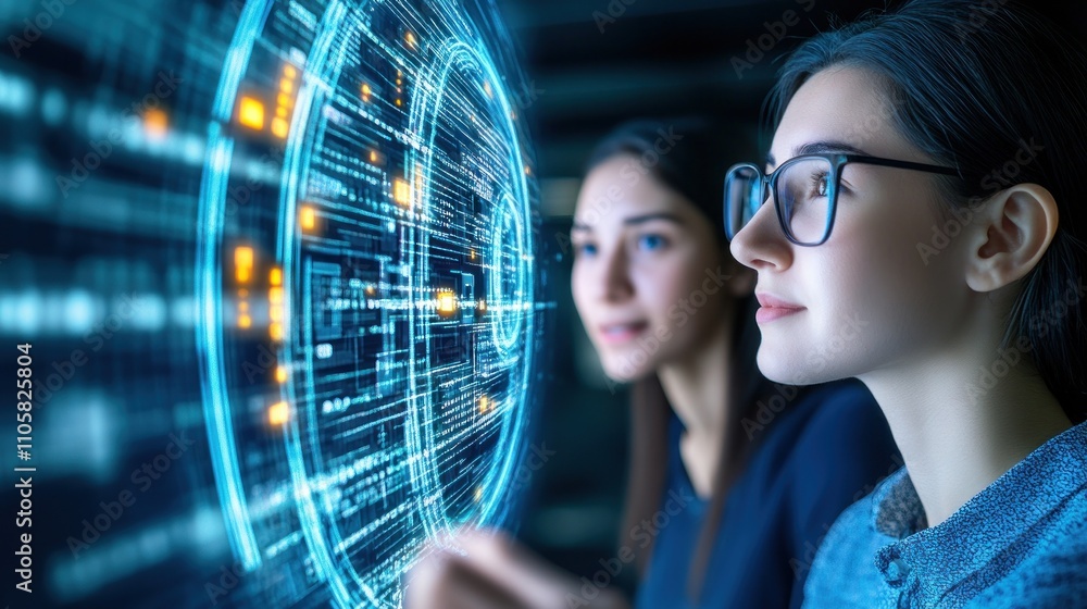 Two women analyzing digital data interface globe. Two women analyzing digital data interface globe.