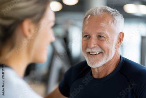 A warm moment captured between a senior man and a young woman during a gym workout, emphasizing the intergenerational bonds and joy of staying healthy together.