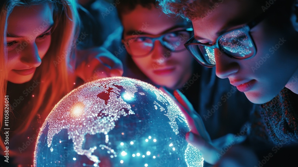 Naklejka premium Curious team exploring a glowing digital world globe