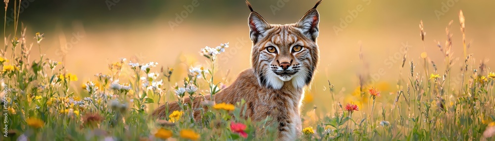 Obraz premium A lynx sits gracefully in a vibrant meadow, surrounded by blooming wildflowers and bathed in warm, golden sunlight.