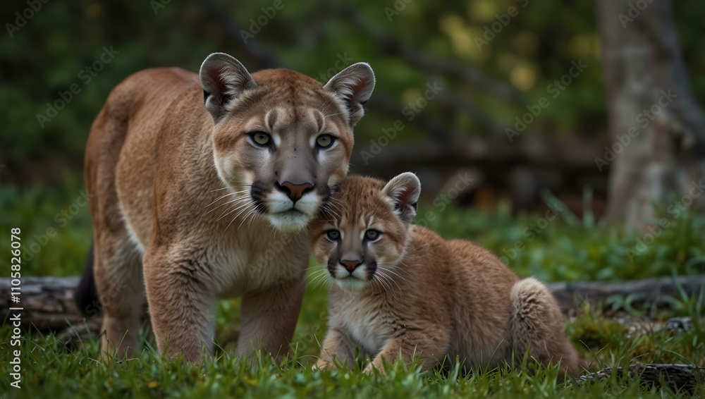 Cougar and its cub in the wild.