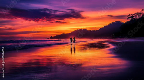 A couple dances on the beach at sunset, surrounded by a colorful sky and tranquil waves, embodying romance