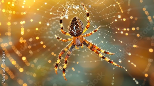 Wallpaper Mural A cross orb-weaver spider with golden legs sits at the center of a web adorned with dewdrops in a tranquil, colorful setting. Torontodigital.ca