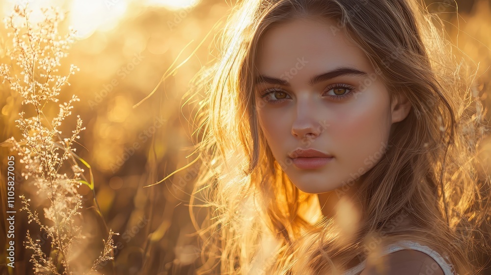 A serene portrait of a woman in a sunlit field, capturing the golden ambiance of nature and peacefulness during a summer evening. A serene portrait of a woman in a sunlit field, capturing the golden ambiance of nature and peacefulness during a summer evening.