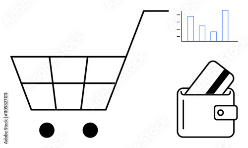 Shopping cart, wallet with credit cards, bar graph depicting transaction data. Ideal for e-commerce, budgeting, financial analysis, retail, online shopping, spending tracking and business