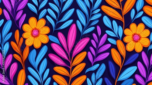 Vibrant Floral Pattern with Colorful Leaves and Bright Flowers on Dark Background