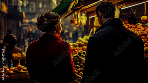 "A couple walking through the market, with the woman wearing an old red coat and her hair in buns, her back to the camera, and the man dressed in a dark jacket walking beside her."