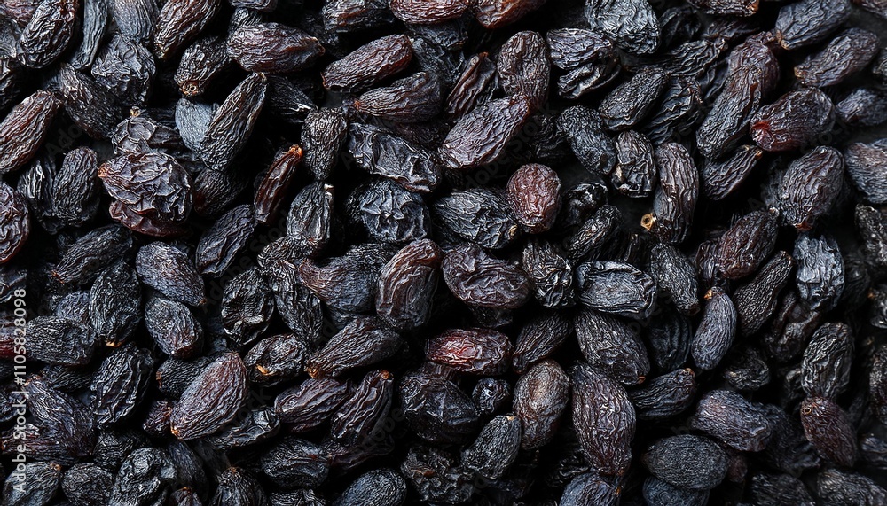 Flat Lay Top View of Bright Ripe Fragrant Black Raisin Fruit as Background Flat Lay Top View of Bright Ripe Fragrant Black Raisin Fruit as Background