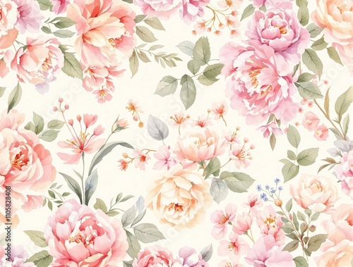 Artistic watercolor illustration of bright peonies and roses in a repeating pattern, wallpaper, print, vibrant