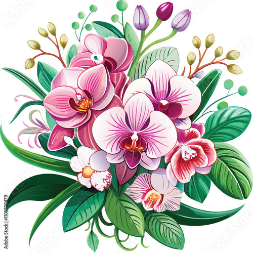 Bouquet Orchid flowers with branch vector art on white background. 
