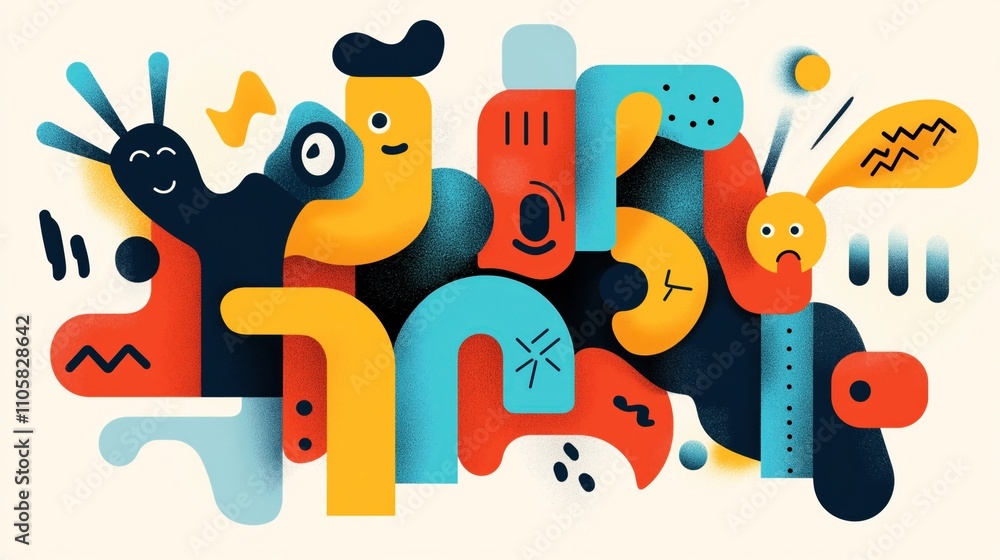 Fototapeta premium Colorful abstract illustration with geometric shapes and playful faces in a modern style using blue, yellow, and red tones.