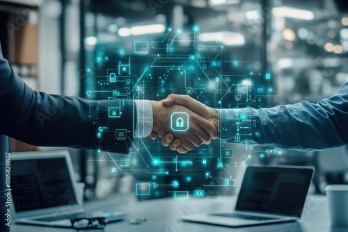 Digital Security Partnership with Abstract Lock Icons Overlaid on Business People’s Handshake in Modern Office Environment