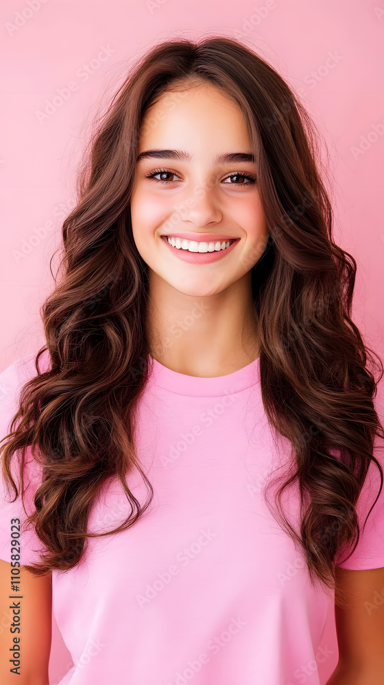 Radiant smile of a young girl studio setting portrait photography soft pink background cheerful mood youthful spirit Radiant smile of a young girl studio setting portrait photography soft pink background cheerful mood youthful spirit