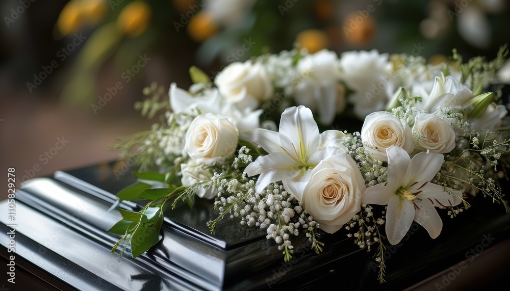 Naklejka premium Elegant white floral wreath on black casket for funeral or memorial design