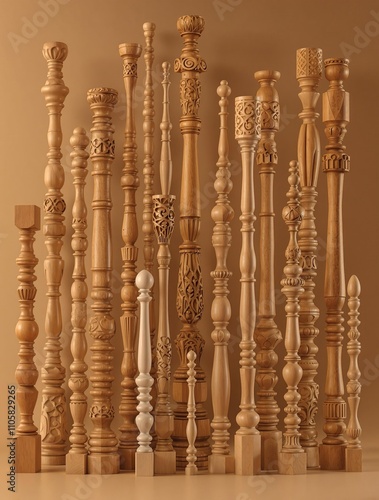 Assortment of turned wooden spindles and balusters for custom woodworking, woodworking, assortment photo