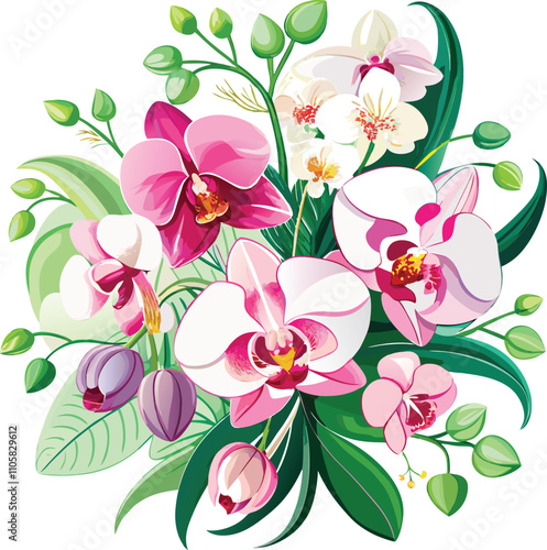 Bouquet Orchid flowers with branch vector art on white background. 