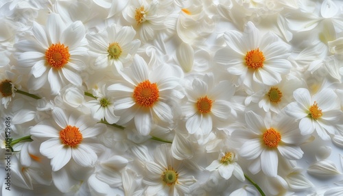 Elegant white flowers with orange centers in bloom for floral design with copy space