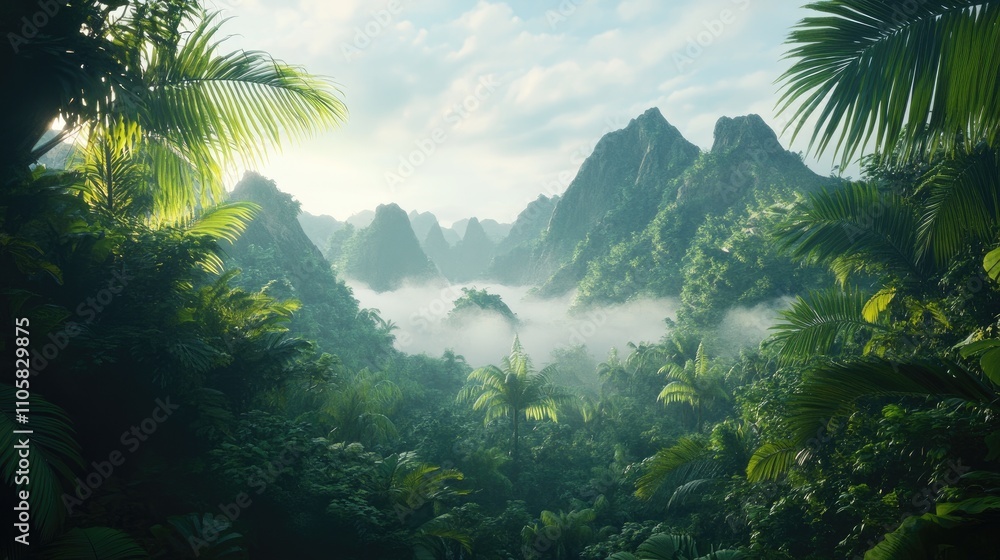 Fototapeta premium Tropical Mountains with Dense Jungle Foliage, Stunning Sunrise, Fantastical Landscape, Cinematic Concept Art, Mist-Shrouded