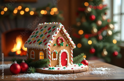 Gingerbread house decorated with icing against the background of a fireplace and Christmas tree