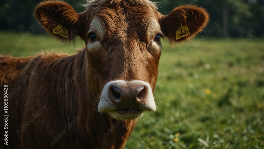 Cow's face with an inquisitive expression in a lush pasture. Cow's face with an inquisitive expression in a lush pasture.