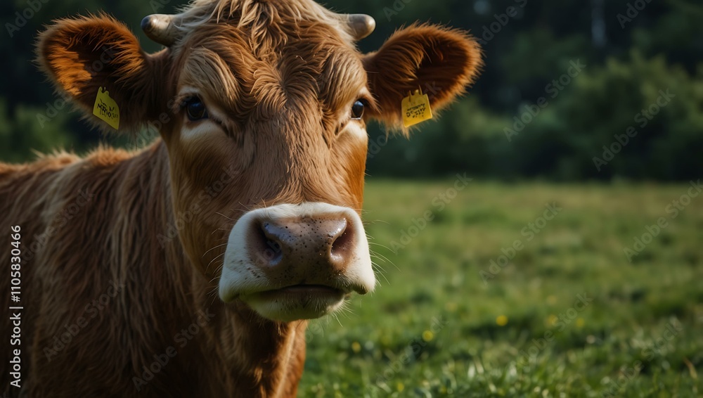 Cow's face with an inquisitive expression in a lush pasture. Cow's face with an inquisitive expression in a lush pasture.