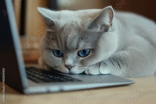 A fluffy gray cat with striking blue eyes rests its head on a laptop keyboard, appearing intrigued by the screen. The warm indoor atmosphere features soft lighting and wooden textures, enhancing the s photo