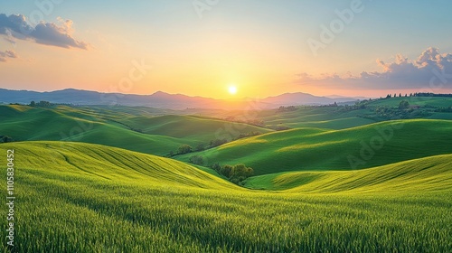 A dreamy landscape of rolling hills during sunset, with a gentle breeze creating ripples in the grass  photo