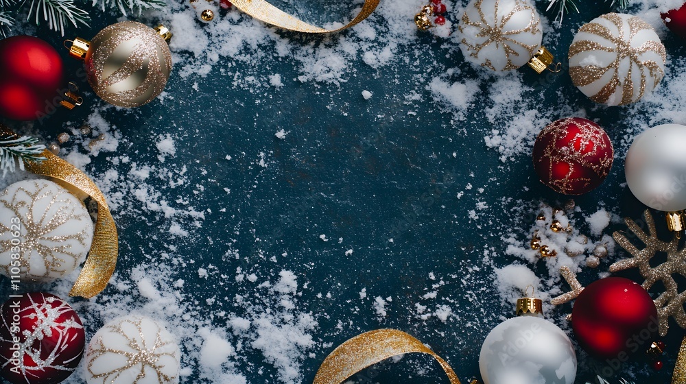 Naklejka premium Christmas background with white snow and red, gold, and silver ornaments