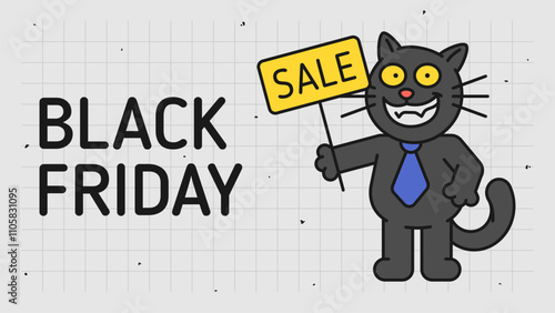 Black friday concept black cat holds sign saying sale and smiles