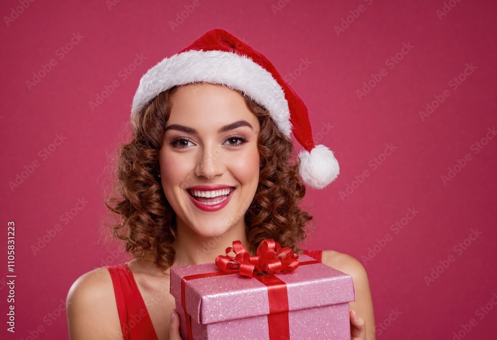 A cheerful woman wearing a Santa hat smiles brightly while holding a pink glittery gif A cheerful woman wearing a Santa hat smiles brightly while holding a pink glittery gif