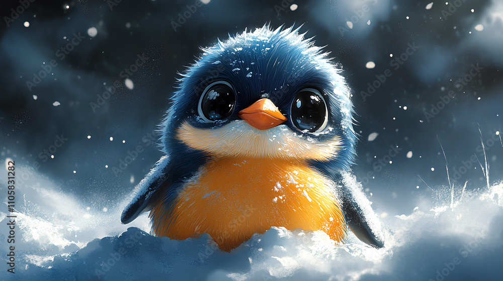 A cute, fluffy blue and orange bird stands in the snow, surrounded by falling snowflakes. A cute, fluffy blue and orange bird stands in the snow, surrounded by falling snowflakes.