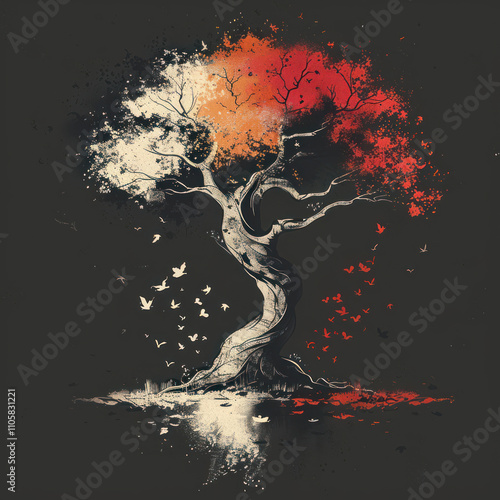 an abstract artistic depiction of a tree, where one half of the crown is made in red shades, and the other in white, creating a contrast between autumn and winter..      photo