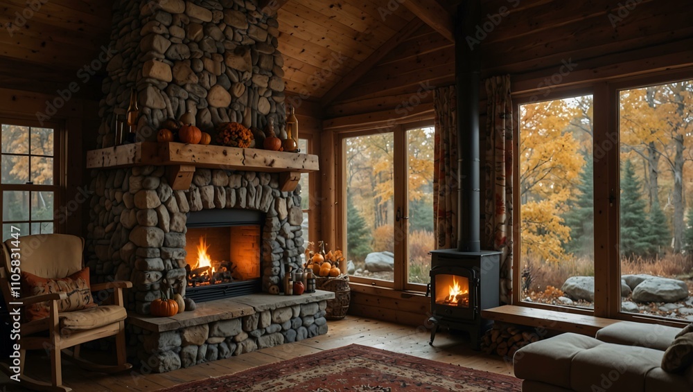 Fototapeta premium Cozy autumn cabin with a fireplace and window view.