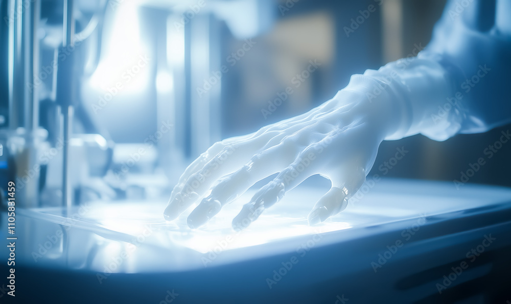 A close-up of a 3D printer crafting a realistic prosthetic hand with precise engineering in a high-tech environment. A close-up of a 3D printer crafting a realistic prosthetic hand with precise engineering in a high-tech environment.