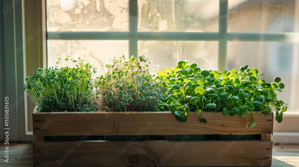 vibrant collection of microgreens thriving in a rustic wooden box, bathed in warm sunlight vibrant collection of microgreens thriving in a rustic wooden box, bathed in warm sunlight