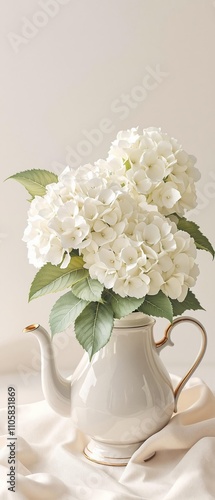 Wallpaper Mural Beautiful watercolor depiction of white hydrangeas in a decorative teapot, teapot, white Torontodigital.ca