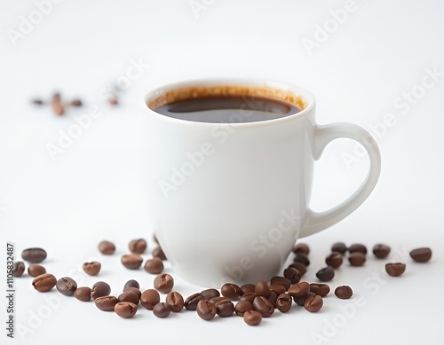 there is a cup of coffee and some coffee beans on the table.