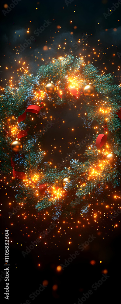 Glowing Christmas wreath with sparkles, dark background. Glowing Christmas wreath with sparkles, dark background.