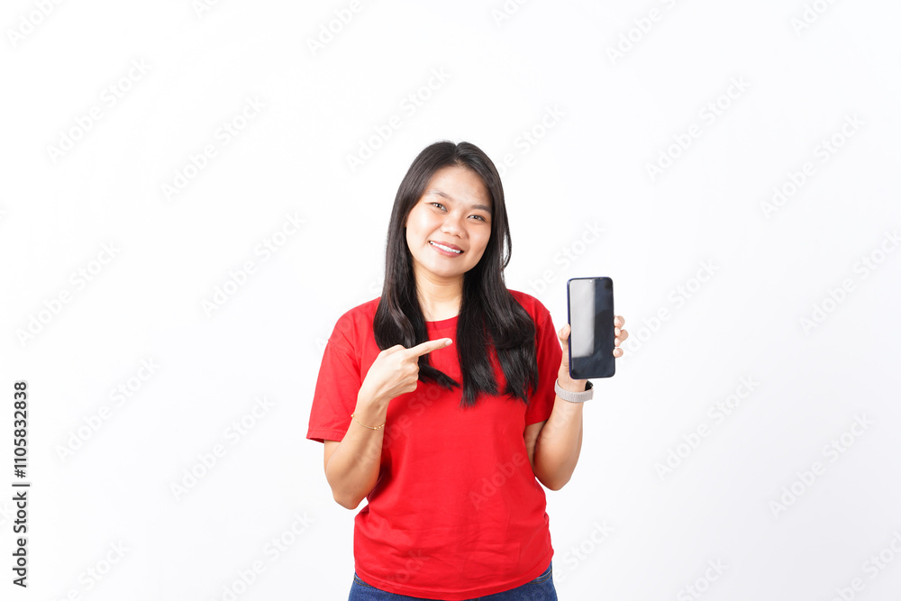 Showing Apps or Ads On Blank Screen Smartphone Of Beautiful Asian Woman wearing red shirt Isolated On White Background Showing Apps or Ads On Blank Screen Smartphone Of Beautiful Asian Woman wearing red shirt Isolated On White Background
