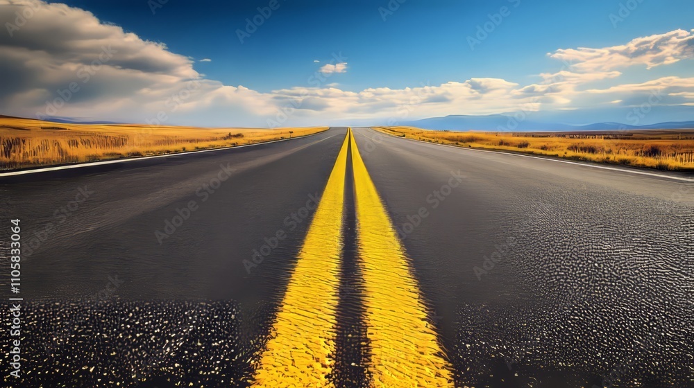 Fototapeta premium A smooth asphalt road with bright yellow centerlines stretching into the distance. without people, one color background