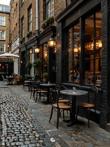 Cozy café alley in London with metal tables on cobblestones.