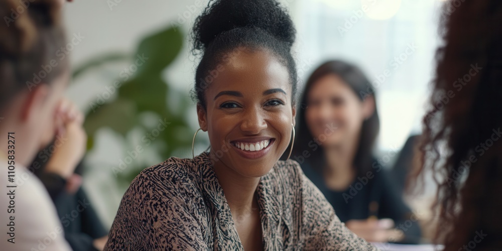 A cheerful woman with curly hair smiles while participating in a discussion with her coworkers in a bright and contemporary office. Her positive energy enhances the collaborative atmosphere. A cheerful woman with curly hair smiles while participating in a discussion with her coworkers in a bright and contemporary office. Her positive energy enhances the collaborative atmosphere.