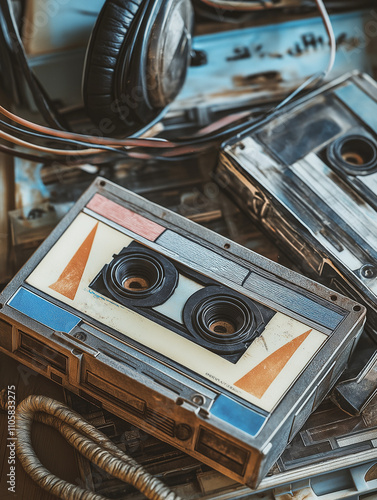 Retro cassette tape inserted into a vintage Walkman with colorful label and metallic buttons, surrounded by scattered tapes and coiled headphones, evoking cozy 80s nostalgia in warm natural light.