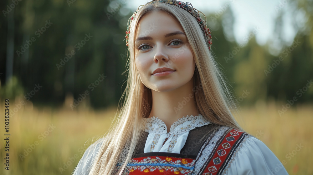 Fototapeta premium Kobieta o jasnych, prostych włosach, ubrana w tradycyjny strój, stanowi doskonałe połączenie klasycznego piękna i kulturowej autentyczności.