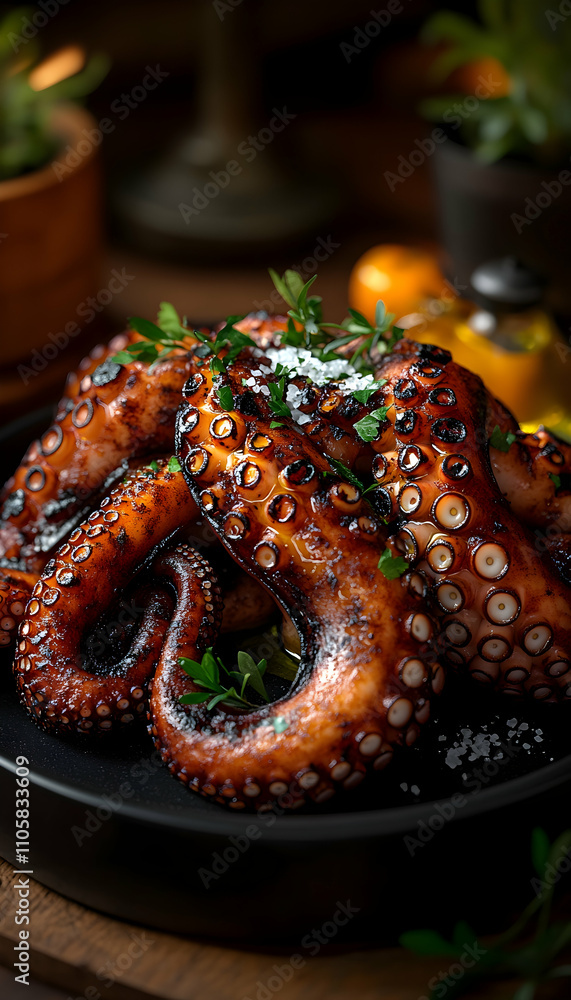 Grilled octopus garnished with parsley and sea salt on a dark plate. Grilled octopus garnished with parsley and sea salt on a dark plate.