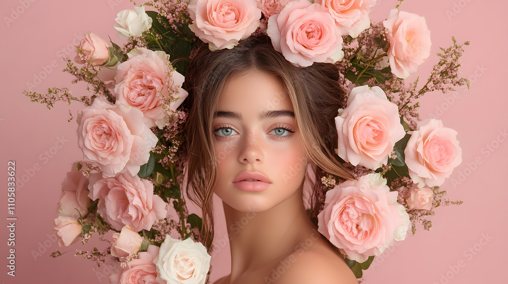 Obraz premium Elegant portrait of a young woman surrounded by pink roses studio setting beauty photography soft lighting floral concept