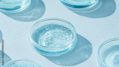 Close-up of gel cosmetic products in a Petri dish, arranged neatly on a smooth blue surface photo