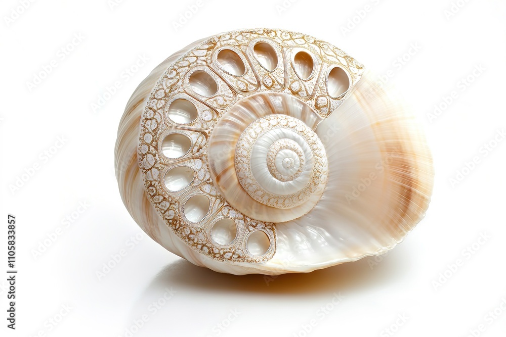 Elegant spiral shell with ornate pattern on white Elegant spiral shell with ornate pattern on white