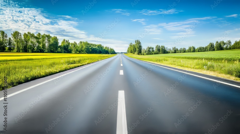 Naklejka premium A straight asphalt road with a single yellow line stretching toward the horizon. without people, one color background