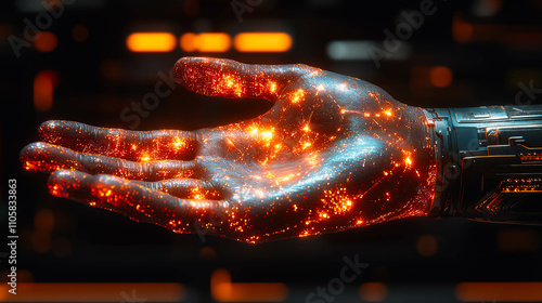 High-tech robotic hand illuminated with glowing particles, set against dark, futuristic background. Themes of advanced technology, innovation, and fusion of humanity and machines